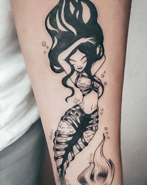 Black Ink Aesthetic Mermaid Tattoo On Woman