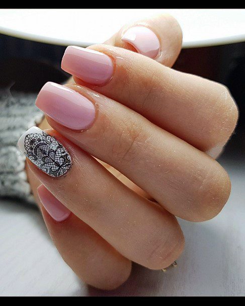 Black Intricate Design Accent Pink Shellac Nails For Women