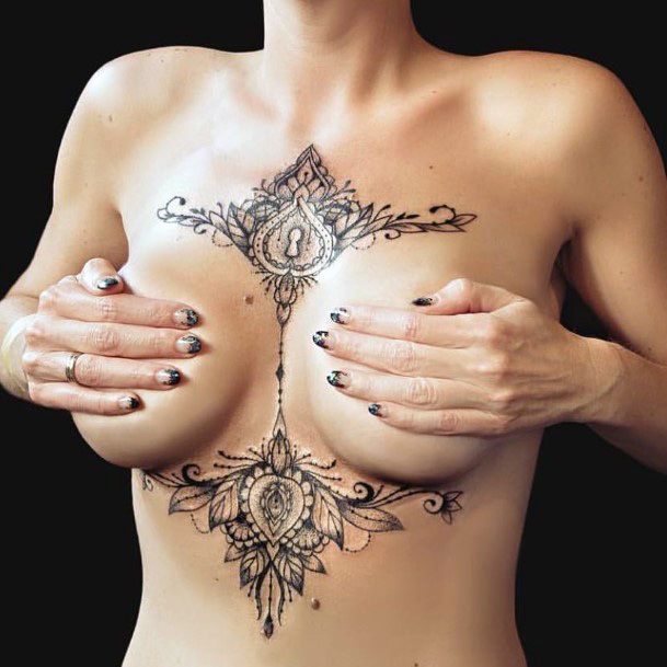 Black Key Hole Art On Chest Womens Tattoo