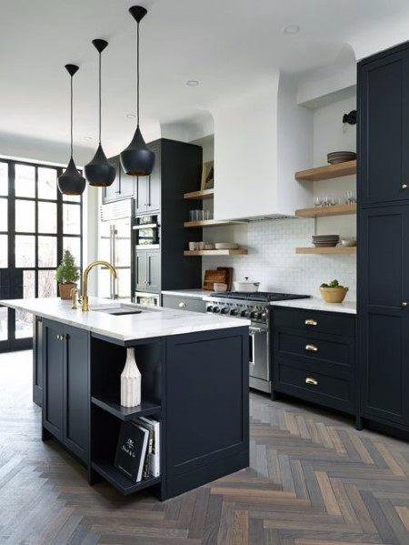 Black Kitchen Cabinet Spectacular Ideas With Chevron Pattern Hardwood Flooring