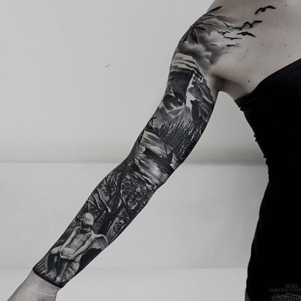 Black Landscape Tattoo Womens Sleeves