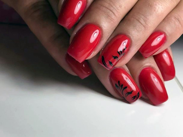 Black Leaf On Bright Red Nails For Women