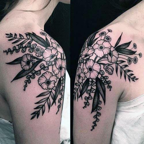 Black Leaves Floral Tattoo Womens Shoulders