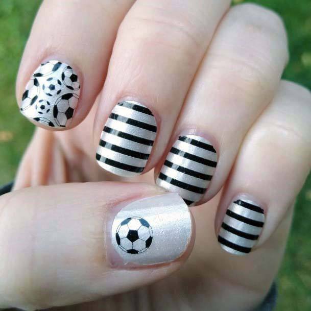 Black Lines And Ball Sport Nails White For Women