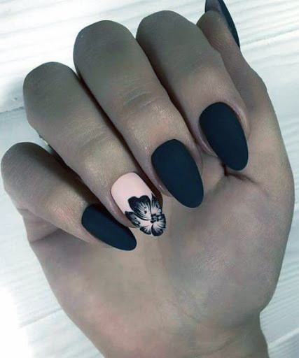 Black Matte Nails With Pink Orchid