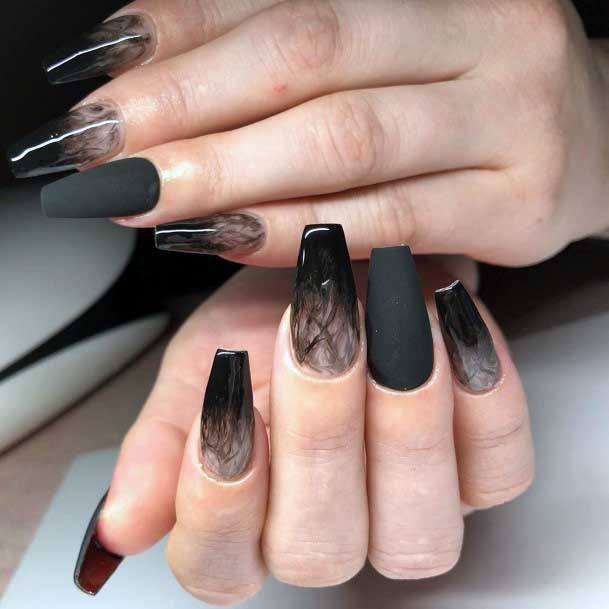 Black Matte Nails With Smoky Effect