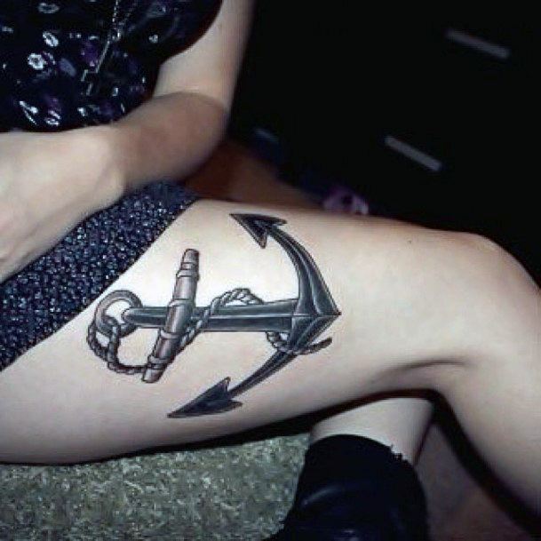 Black Metallic Anchor Tattoo Womens Thighs