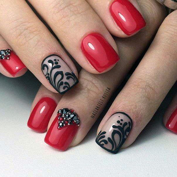 Black Middle Eastern Design Bright Red Nails For Women