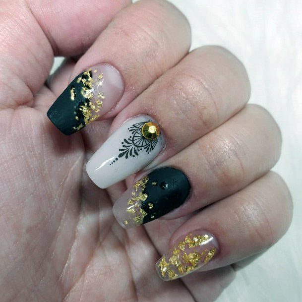 Black Nail Polish With Gold Rhinestone