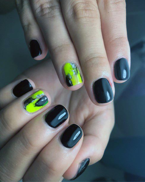 Black Nails And Neon Yellow Accent Shellac Art For Women