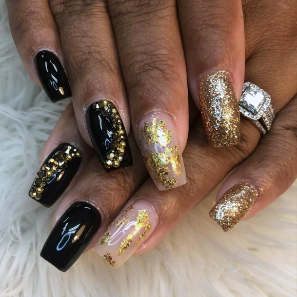 Black Nails With Golden Gems