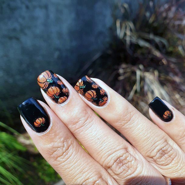 Black Nails With Orange Pumpkin Art For Women