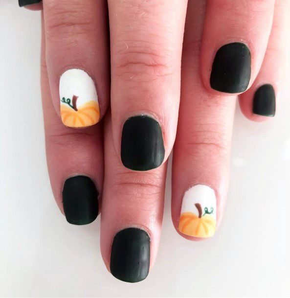 Black Nails With Pumpkin Design On White Nails For Women