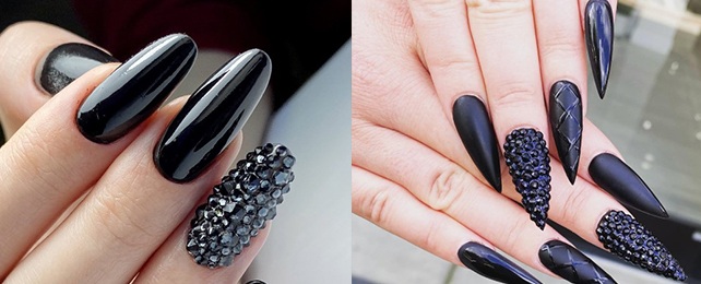 Top 50 Best Black Nails With Rhinestones – Girl’s Fingernail Design Ideas