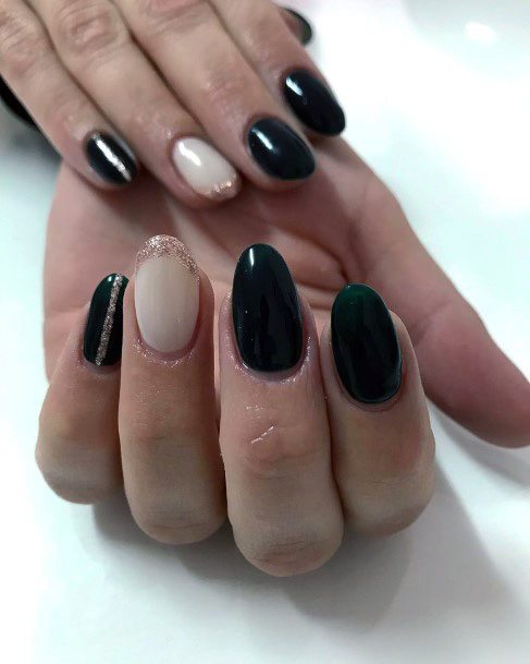 Black Nails With White And Gold French Manicure