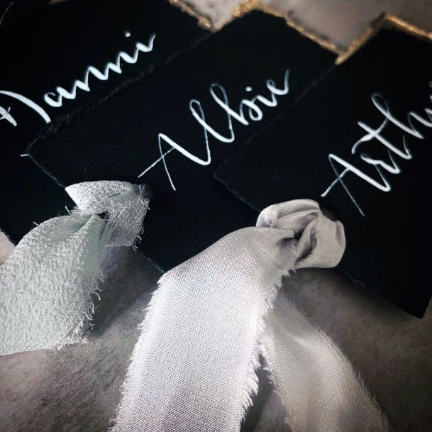 Black Name Card With White Ribbon Wedding Decor