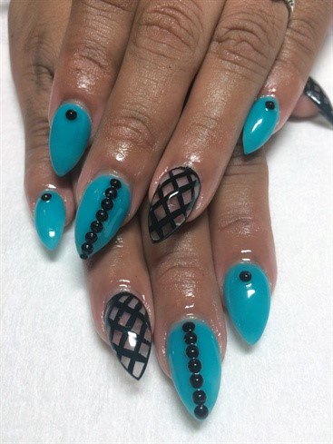 Black Netted Blue Almond Nails