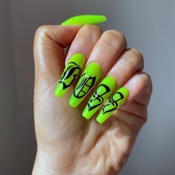 Black Oriental Characters On Neon Green Nails