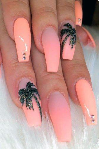 Black Palm Trees Design On Matte Peachy Pinkish Nails Women