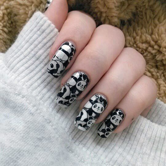 Black Panda Art White Nails