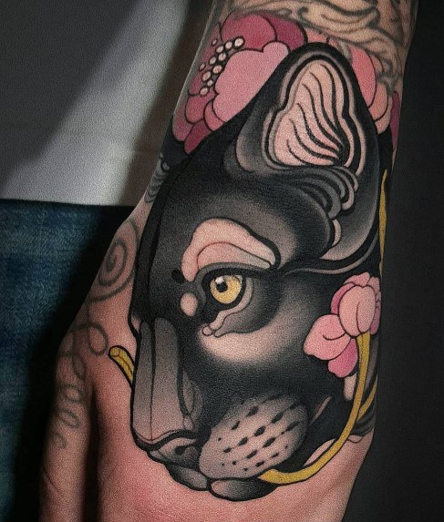 Black Panther Tattoo With Yellow Eyes Womens Hands