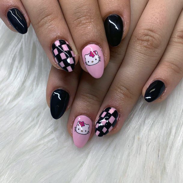 Black Pink Chessboard Design Hello Kitty Nails