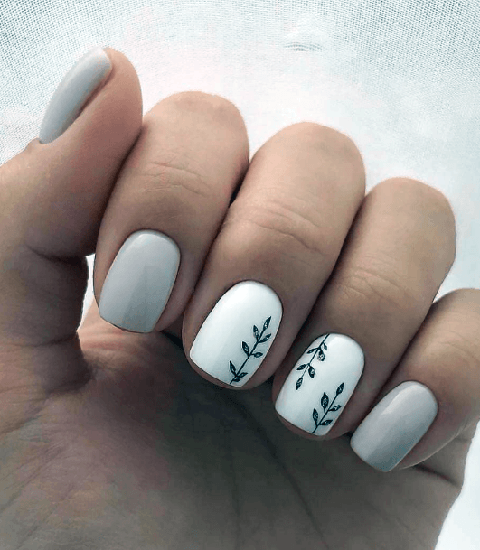 Black Plant Design On Short White Nails Women