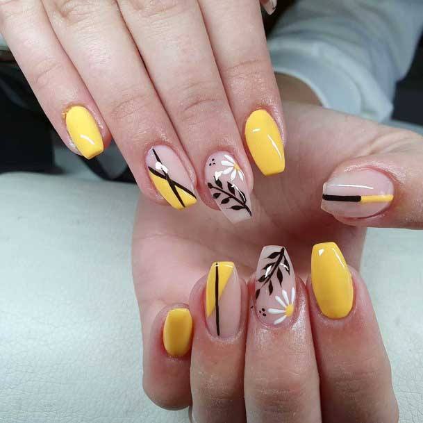 Black Plant Design On Yellow Nails Women