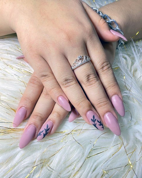 Black Plant Image On Pink Nails Women Matte Finish