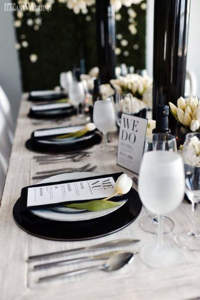 Black Plate And White Glasses Wedding Decor