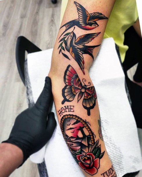 Black Red Bird And Butterfly Traditional Tattoo Women