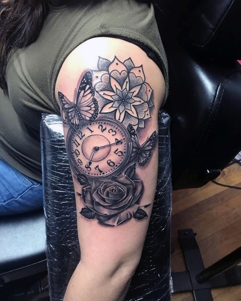 Black Rose And Clock Tattoo Womens Arms