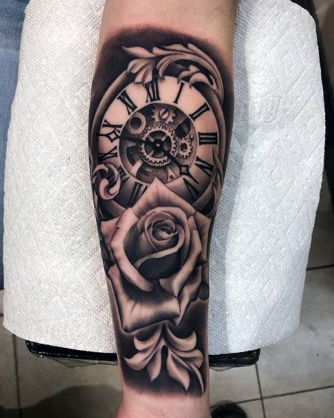 Black Roses And Clock Tattoo For Women