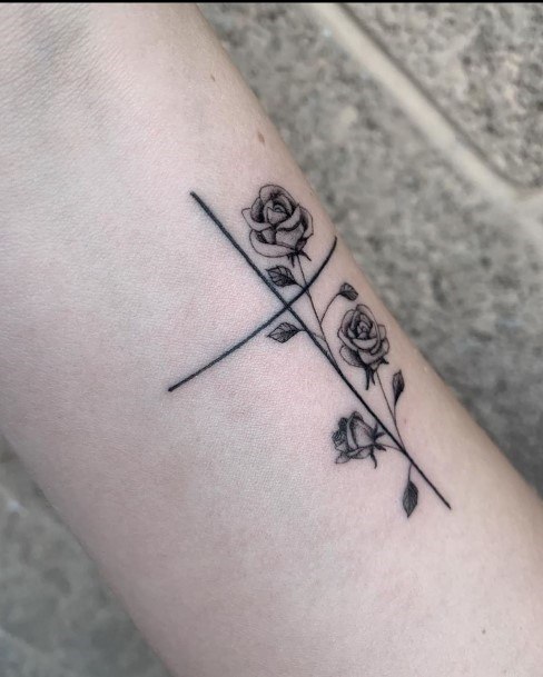 Black Roses On Cross Tattoo For Women