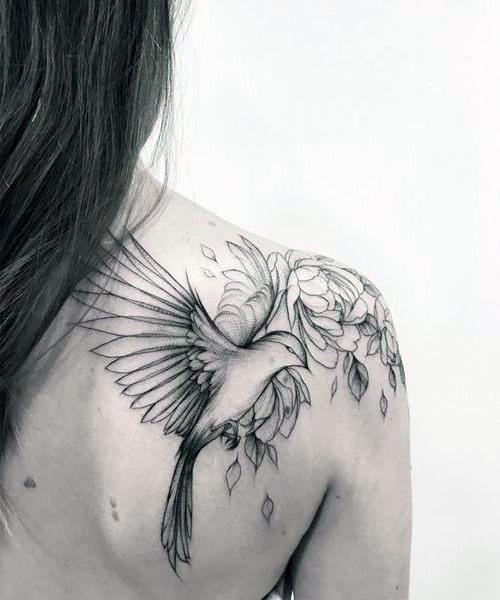 Black Shaded Bird Tattoo With Flowers Womens Back