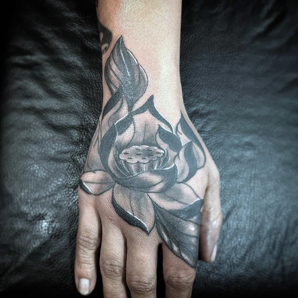 Black Shaded Lotus Artistic Tattoo Womens Hands