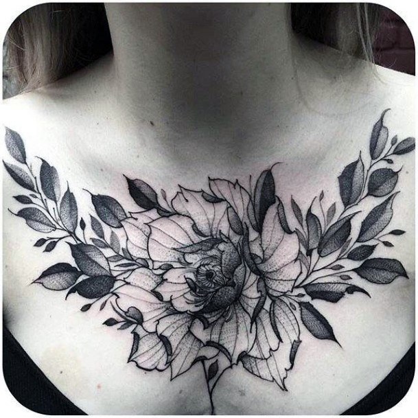 Black Shaded Womens Chest Tattoo