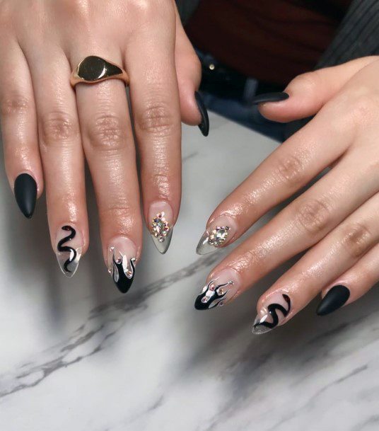 Black Snake And Crystals Nail Art