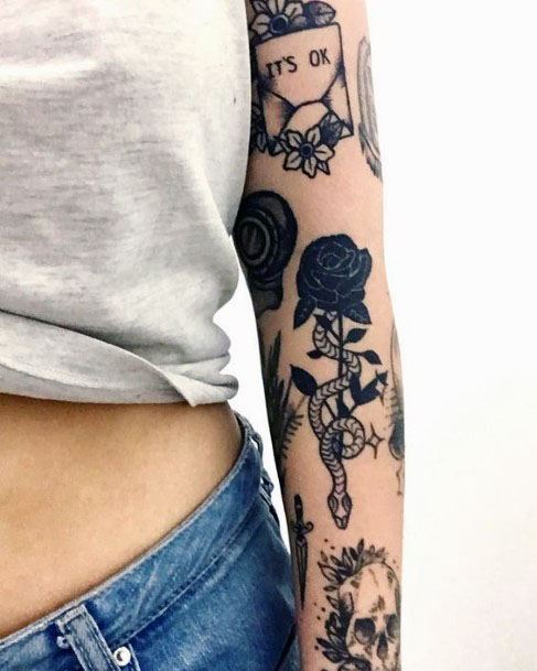 Black Snake And Roses American Traditional Tattoo Women