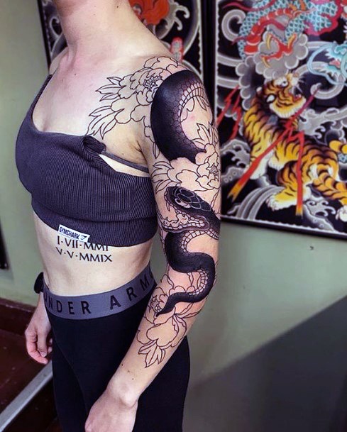 Black Snake And Transparent Flowers Tattoo For Women Art