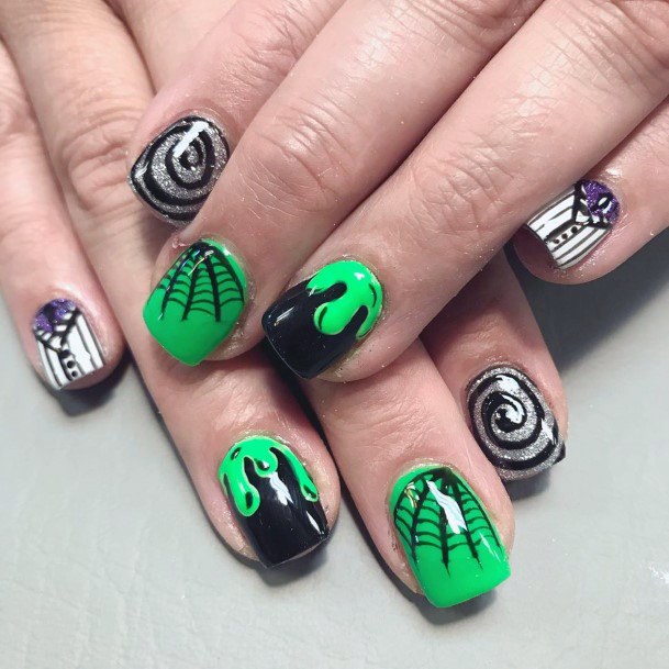 Black Spirals And Web Lime Green Nails
