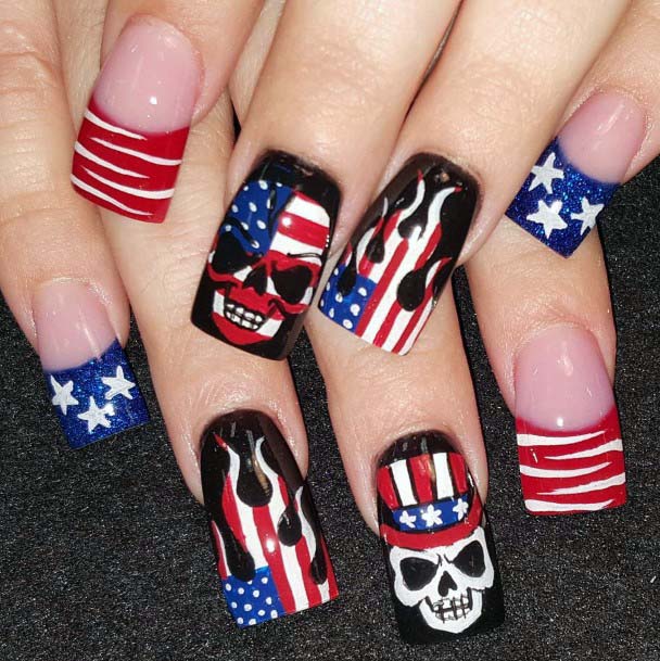 Black Spooky Skulled 4th Of July Nails