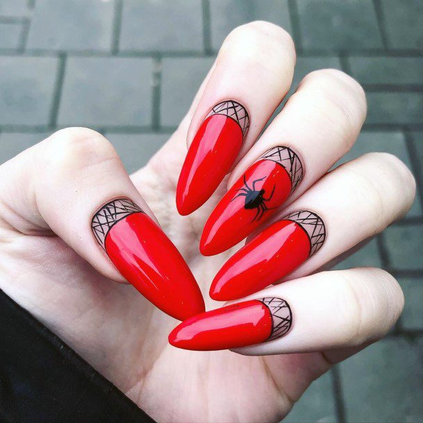 Black Spooky Spider Red Nail Idea Women