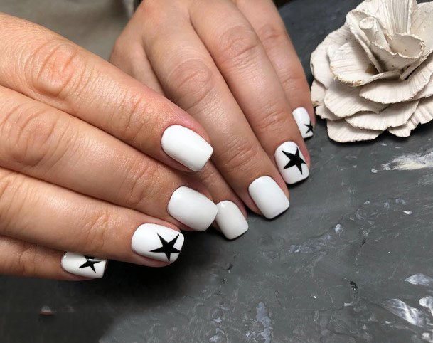 Black Stars On White Gel Nails Women