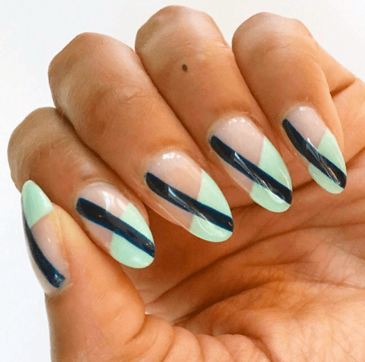 Black Striped Duo Toned Almond Nails