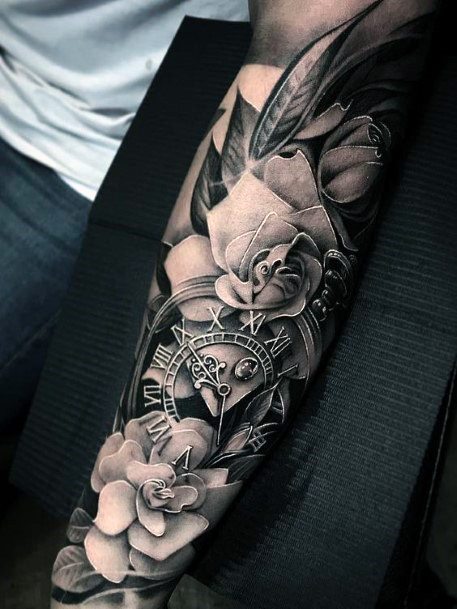 Black Tattoo Roses And Clock Womens Hands