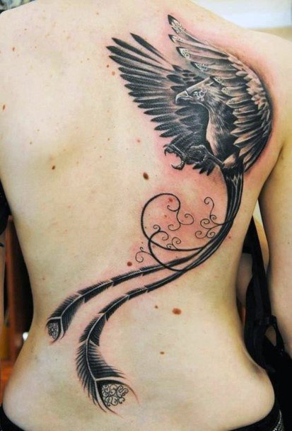 Black Themed Phoenix Tattoo Womens Back