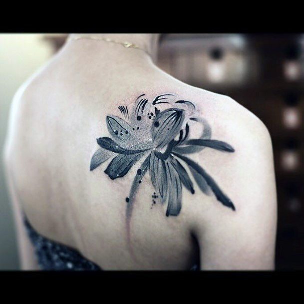 Black Thin Leaves Lotus Flower Tattoo Womens Back