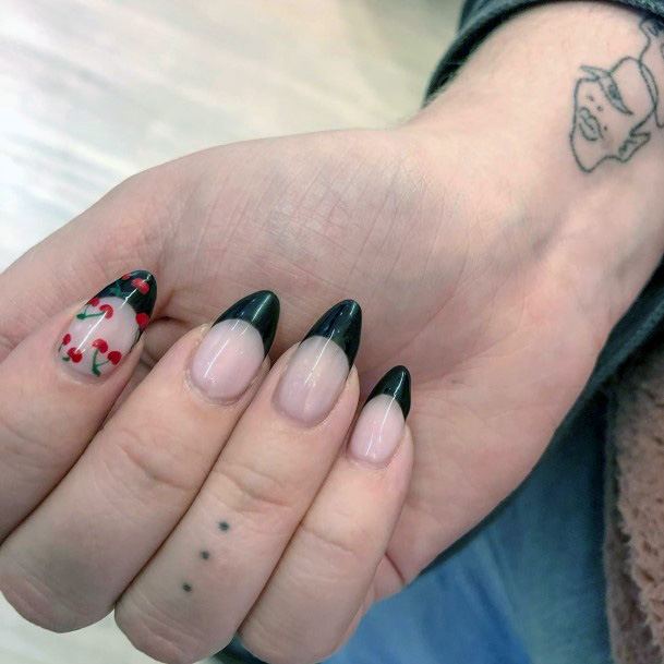 Black Tipped Nails With Cherry Art For Women