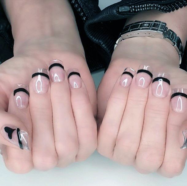 Black Tipped Shiny Pink Transparent Nails For Women